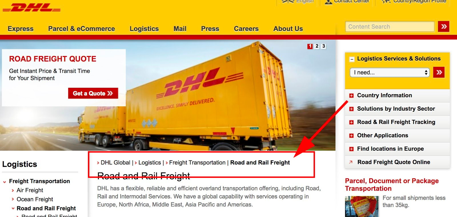 an example of breadcrumb navigation on the DHL website